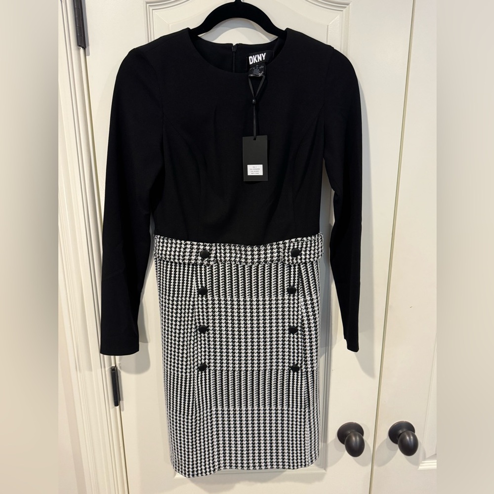 NWT DKNY Black Dress with Black and White Tweed skirt and buttons Sz 2